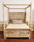 Indian Carved Wooden 4 Poster Bed - Queen