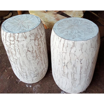 PREORDER - Tribal Carved Palm Stool - White Wash