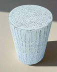 Tribal Carved Palm Stool - White Wash | Pre Order