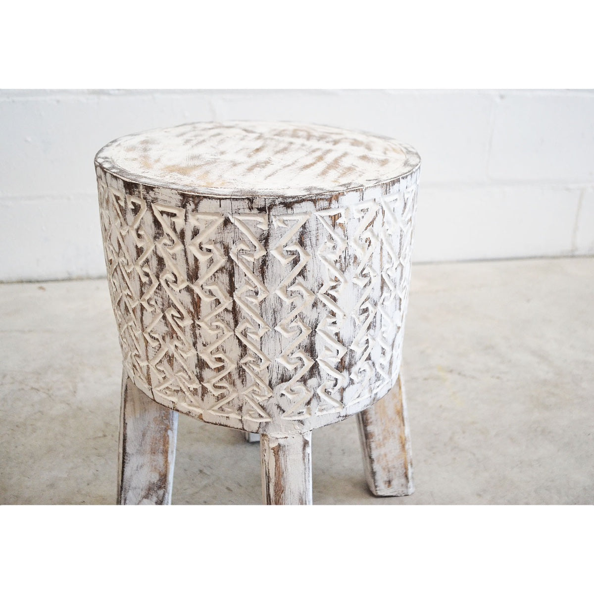 PREORDER - Tribal Carved Palm Stool With Legs - White Wash