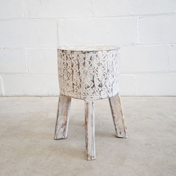 PREORDER - Tribal Carved Palm Stool With Legs - White Wash