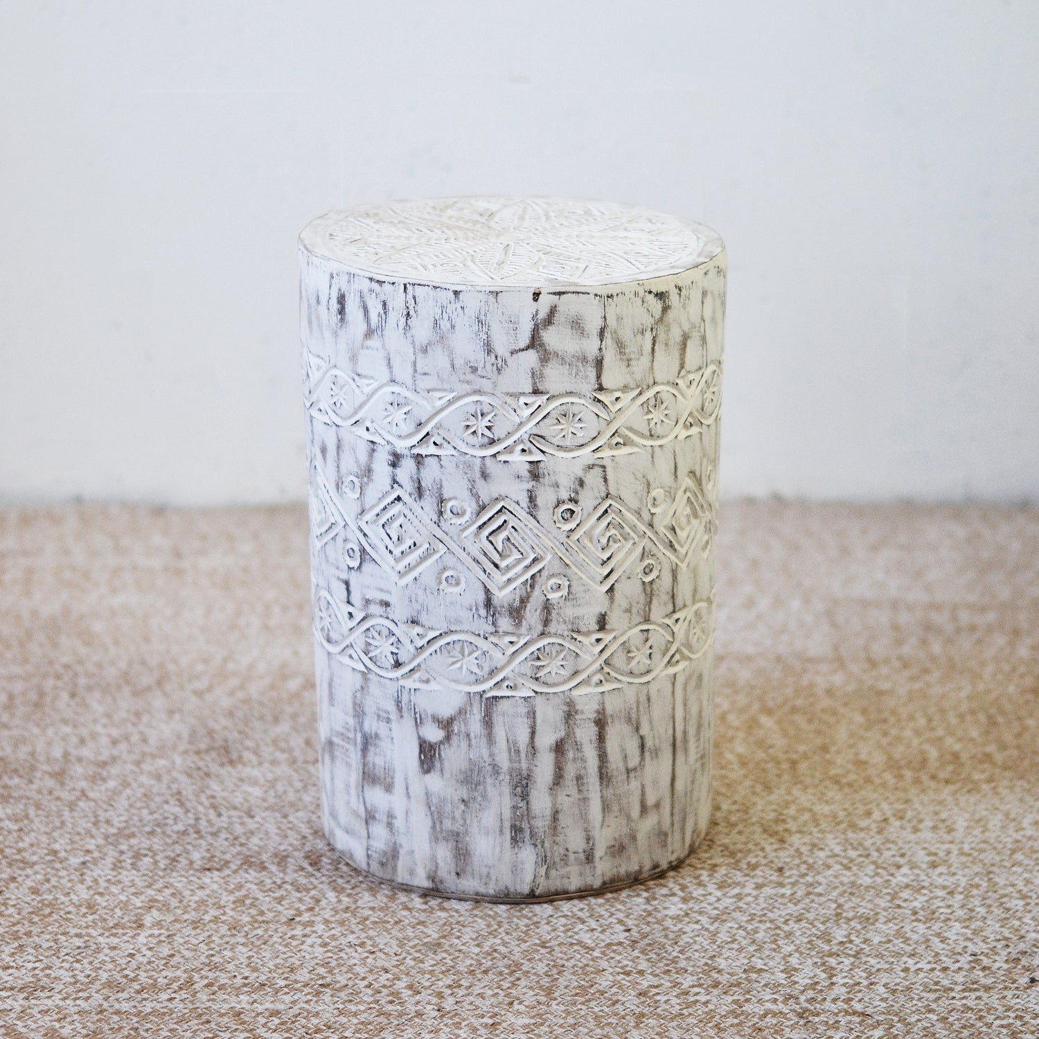 PREORDER - Tribal Carved Palm Stool - White Wash