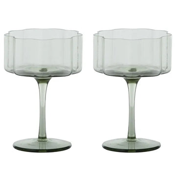 Mabel Green Scalloped Coupe Glasses - Set of 2